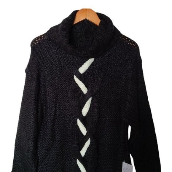 Solutions Chunky Knit Oversized Turtleneck Sweater Dress M Medium NWT Black Whit - Picture 4 of 12